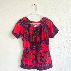 KOI Red Floral Short Sleeve Cotton Scoop Neck Scrub Top Size XS Pockets